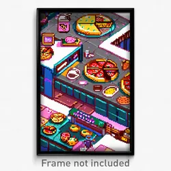 Pixel Art Poster - Glossy Pizza Shop (8 Bit Psychedelic Trippy Video Game Print)