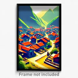 Pixel Art Poster - Adventurous Village (8 Bit Psychedelic Video Game Print)