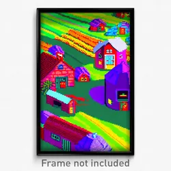 Pixel Art Poster - Multicolored Farmstead (8 Bit Psychedelic Video Game Print)
