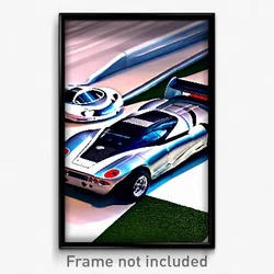 Pixel Art Poster - Silver Racecar (8 Bit Psychedelic Trippy Video Game Print)
