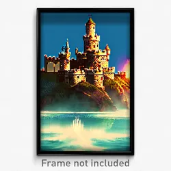 Pixel Art Poster - Watery Fortress (8 Bit Psychedelic Trippy Video Game Print)