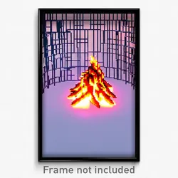 Pixel Art Poster - Digital Wire Frame Bonfire (8 Bit Video Game Print)