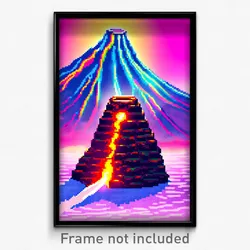 Pixel Art Poster - Quirky Volcano (8 Bit Psychedelic Trippy Video Game Print)