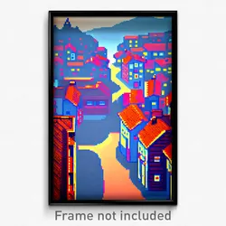 Pixel Art Poster - Sky Blue Small Town (8 Bit Psychedelic Video Game Print)