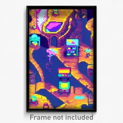 Pixel Art Poster - Glitch Art Village (8 Bit Psychedelic Video Game Print)