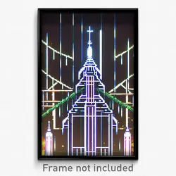 Pixel Art Poster - Digital Wire Frame Temple (8 Bit Video Game Print)