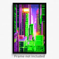 Pixel Art Poster - Green New York (8 Bit Psychedelic Trippy Video Game Print)