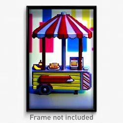 Pixel Art Poster - Realistic Hot Dog Stand (8 Bit Psychedelic Video Game Print)
