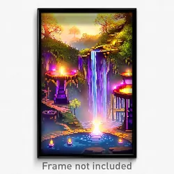 Pixel Art Poster - Enchanted Watering Hole (8 Bit Psychedelic Video Game Print)