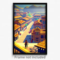 Pixel Art Poster - Tan Exotic Town (8 Bit Psychedelic Trippy Video Game Print)