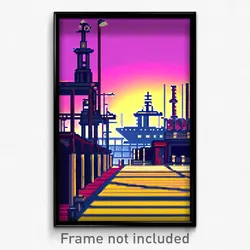 Pixel Art Poster - Animated Shipyard (8 Bit Psychedelic Trippy Video Game Print)