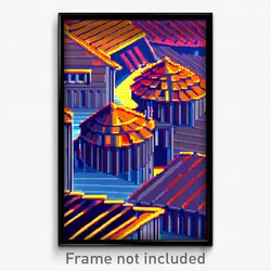Pixel Art Poster - Wavy Rooftops (8 Bit Psychedelic Trippy Video Game Print)