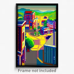 Pixel Art Poster - Silly American Town (8 Bit Psychedelic Video Game Print)