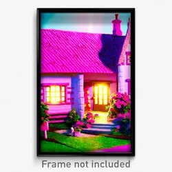 Pixel Art Poster - Pink Cottage (8 Bit Psychedelic Trippy Video Game Print)