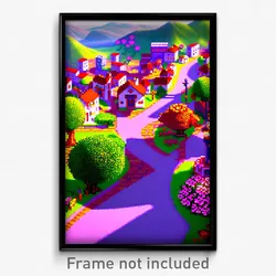 Pixel Art Poster - Flowery Small Town (8 Bit Psychedelic Video Game Print)