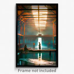 Pixel Art Poster - Watery Longhouse (8 Bit Psychedelic Trippy Video Game Print)
