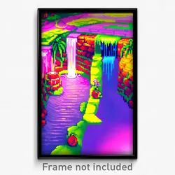 Pixel Art Poster - Fruity Dam (8 Bit Psychedelic Trippy Weird Video Game Print)