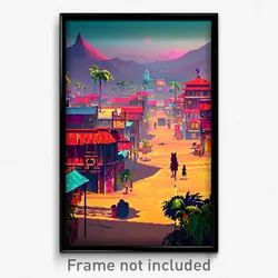 Pixel Art Poster - Lonely Exotic Town (8 Bit Psychedelic Video Game Print)