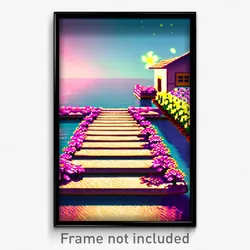 Pixel Art Poster - Flowery Dock (8 Bit Psychedelic Trippy Video Game Print)