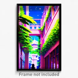 Pixel Art Poster - Leafy Anime Architecture (8 Bit Psychedelic Video Game Print)