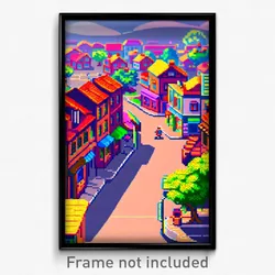 Pixel Art Poster - Showy Small Town (8 Bit Psychedelic Trippy Video Game Print)