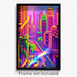 Pixel Art Poster - Flashy Exotic City (8 Bit Psychedelic Video Game Print)