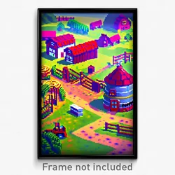 Pixel Art Poster - Glossy Farm (8 Bit Psychedelic Trippy Weird Video Game Print)