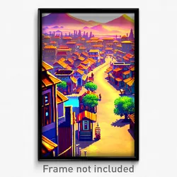 Pixel Art Poster - Neat Exotic Town (8 Bit Psychedelic Trippy Video Game Print)