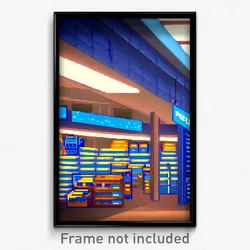 Pixel Art Poster - Blue Grocery Store (8 Bit Psychedelic Video Game Print)