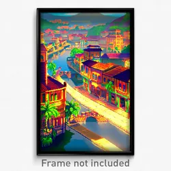 Pixel Art Poster - Distinct Exotic Town (8 Bit Psychedelic Video Game Print)