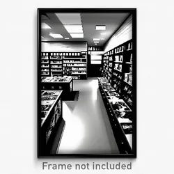Pixel Art Poster - Black And White Comic Book Store (8 Bit Video Game Print)