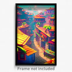 Pixel Art Poster - Dizzying Exotic Town (8 Bit Psychedelic Video Game Print)