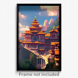 Pixel Art Poster - Flying Monastery (8 Bit Psychedelic Trippy Video Game Print)