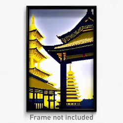Pixel Art Poster - Yellow Pagoda (8 Bit Psychedelic Trippy Video Game Print)