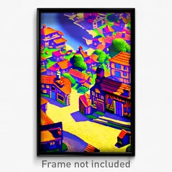 Pixel Art Poster - Animated Village (8 Bit Psychedelic Trippy Video Game Print)
