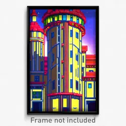 Pixel Art Poster - Busy Cartoon Architecture (8 Bit Video Game Print)