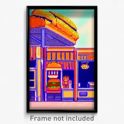 Pixel Art Poster - Orange Burger Stand (8 Bit Psychedelic Video Game Print)