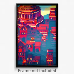 Pixel Art Poster - Red Acropolis (8 Bit Psychedelic Trippy Video Game Print)