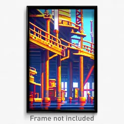 Pixel Art Poster - Animated Shipyard (8 Bit Psychedelic Trippy Video Game Print)