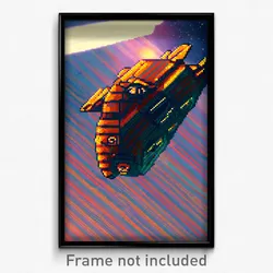 Pixel Art Poster - Striped Spaceship (8 Bit Psychedelic Trippy Video Game Print)