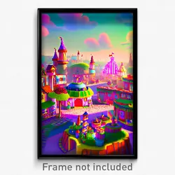 Pixel Art Poster - Whimsical Town (8 Bit Psychedelic Trippy Video Game Print)