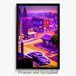 Pixel Art Poster - Violet American Town (8 Bit Psychedelic Video Game Print)