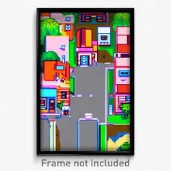 Pixel Art Poster - Modern Small Town (8 Bit Psychedelic Trippy Video Game Print)