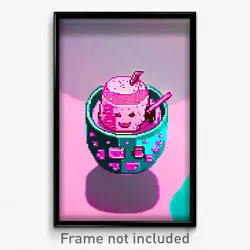 Pixel Art Poster - Pink Boba Tea (8 Bit Psychedelic Trippy Video Game Print)