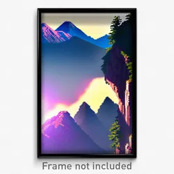 Pixel Art Poster - Adventurous Mountain (8 Bit Psychedelic Video Game Print)