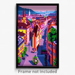 Pixel Art Poster - Cute European City (8 Bit Psychedelic Video Game Print)