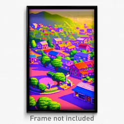 Pixel Art Poster - Pleasant Small Town (8 Bit Psychedelic Video Game Print)