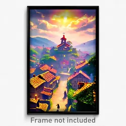 Pixel Art Poster - Angelic Village (8 Bit Psychedelic Trippy Video Game Print)